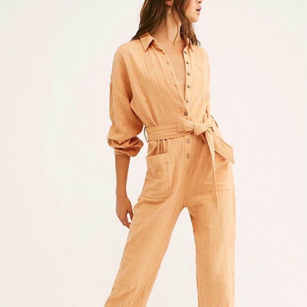 Free People Something to Love Orange Belted Jumpsuit - Gauzy